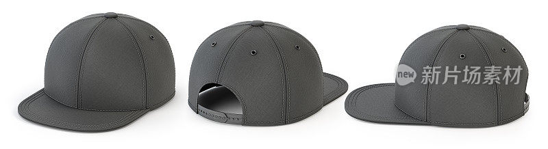 黑色snap back模拟，空白帽子模板，隔离在白色背景上。